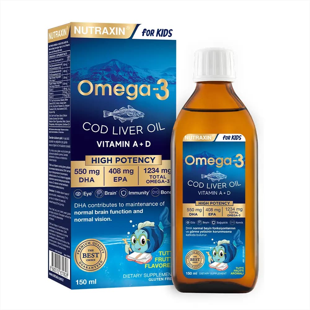 Nutraxin Omega-3 Kids 150 ML Cod Liver Oil Morina Balığı Karaciğer Yağı A D E Vitamin